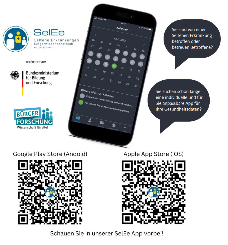 Screenshot der SelEe-App und QR-Codes mit den Links zu den Store-Einträgen. SelEe-Logo, Logo des BMBF, Logo Bürgerforschung.