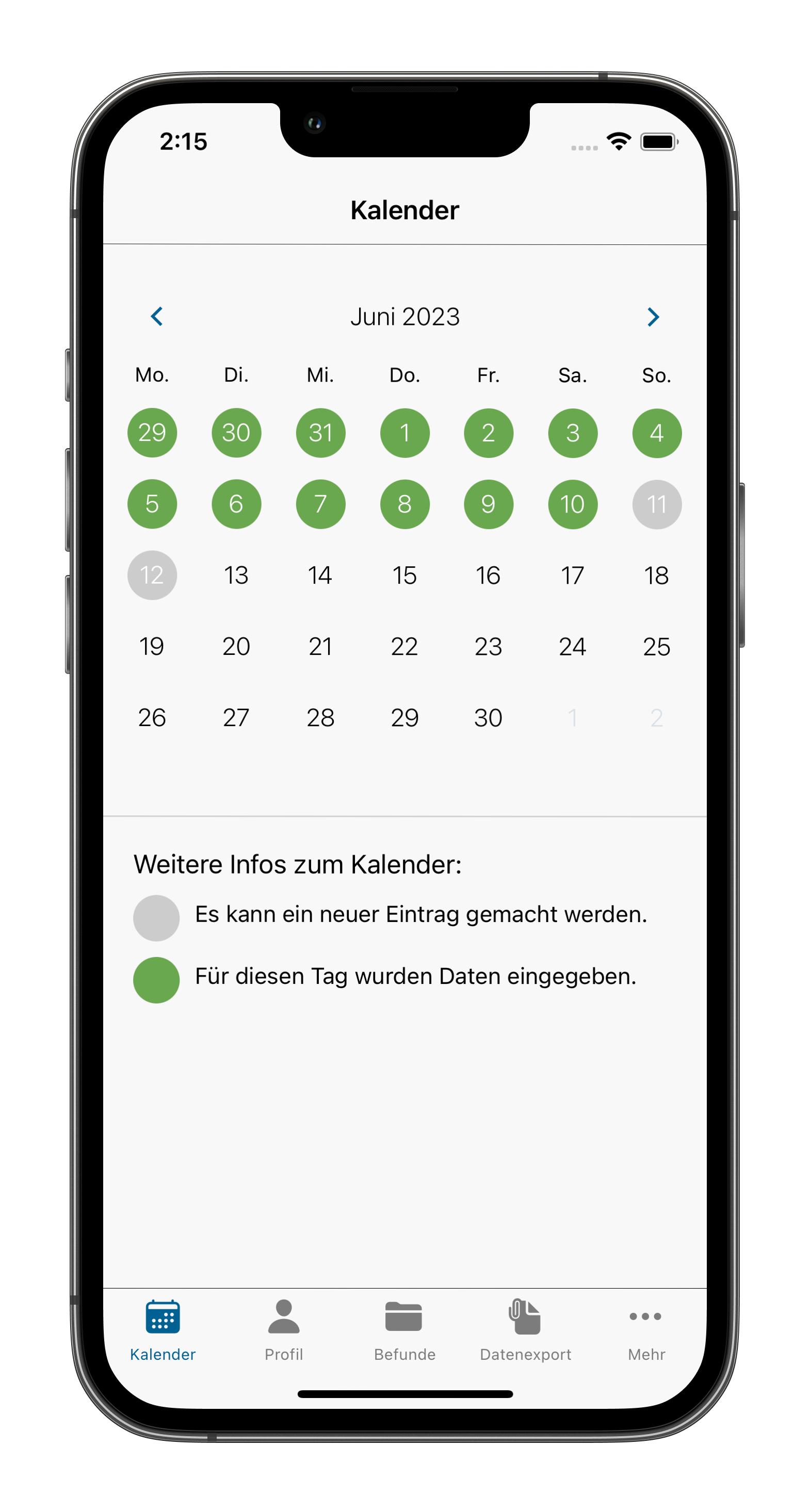 Kalenderansicht der App mit ausgefüllten Kalendereinträgen